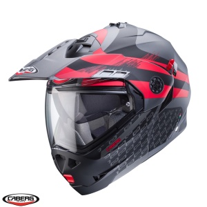Casca modulabila (flip-up)/adventure Caberg Tourmax X SV Sarabe L2 gun metal (titanium)/negru/rosu mat