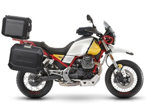 Set complet cutii aluminiu SHAD TERRA (negru), 37L cutie centrala 36L / 47L cutii laterale, incluzand kit montare si placa SHAD MOTO GUZZI V 85 TT