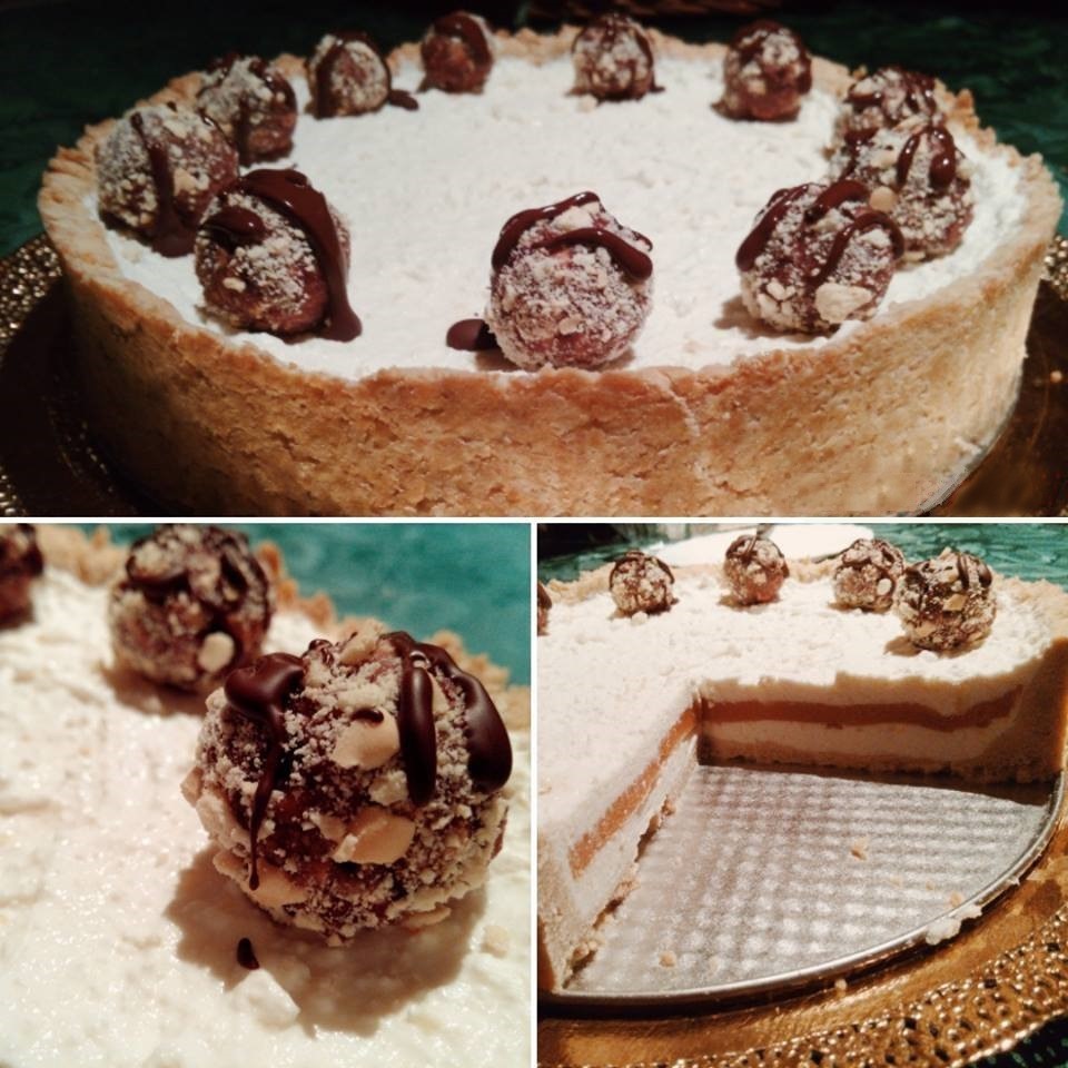 Tort de piersici si branza de vaca cu bilute de biscuiti cu gem de afine (low carb, fara zahar adaugat, dietetic)