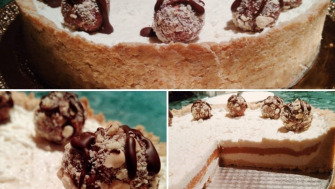 Tort de piersici si branza de vaca cu bilute de biscuiti cu gem de afine (low carb, fara zahar adaugat, dietetic)