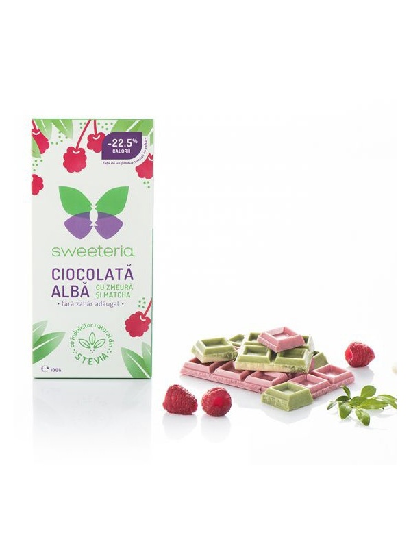 Ciocolata alba cu matcha, zmeura si Stevia 100g - Sweeteria