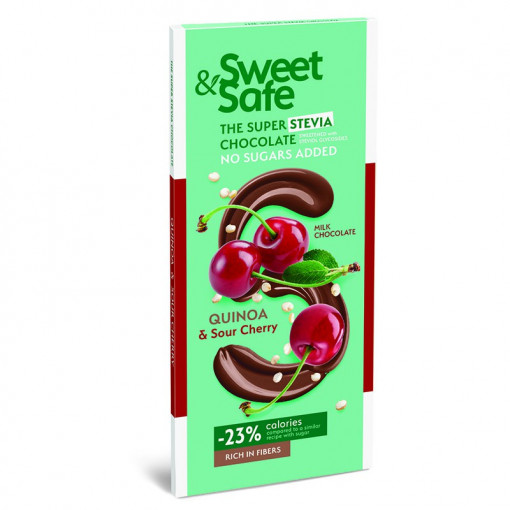 Ciocolata cu lapte, Quinoa si Visine cu Stevia 90g - Sweet&Safe