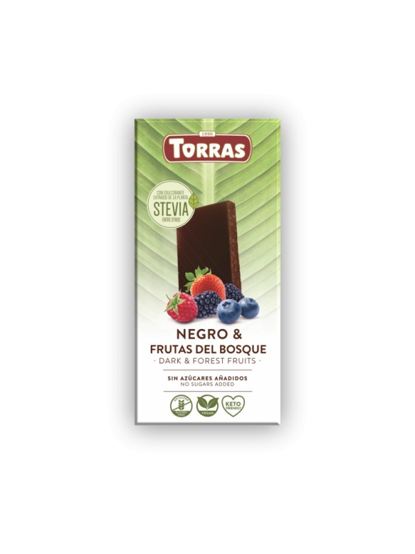 Ciocolata neagra 60% cu fructe de padure cu STEVIA (fara zahar, fara gluten, keto, vegan)125g - Torras
