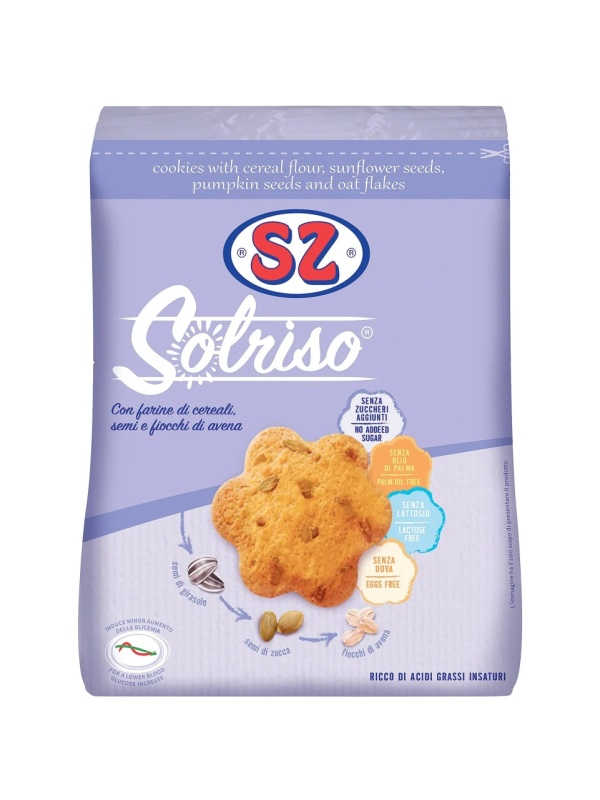 Fursecuri SOLRISO imbogatite cu seminte (dovleac, floarea soarelui) si fulgi de ovaz 200g - Senza Zucchero
