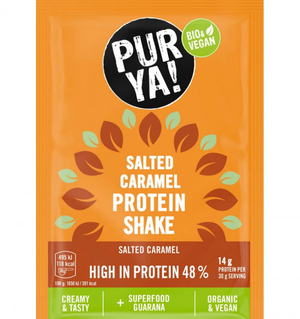 Pulbere bio pentru shake proteic cu caramel sarat, 48% proteina (vegan) 30g Pur Ya