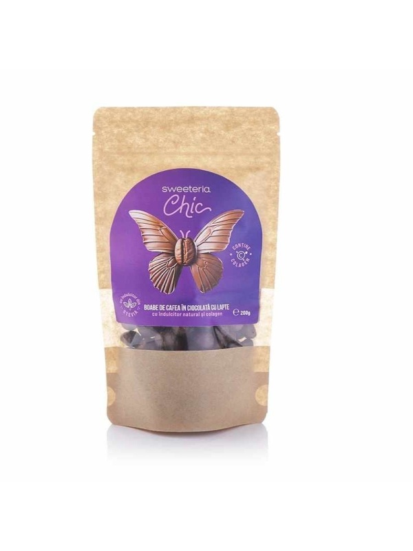 Boabe cafea invelite in ciocolata cu lapte cu Colagen (fara zahar, vegan ) 200g - Sweeteria Chic