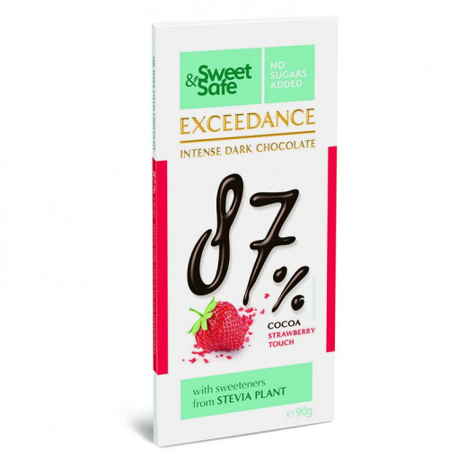 Ciocolata neagra intensa 87% cu capsuni si Stevia 90g - Sweet&Safe Exceedance