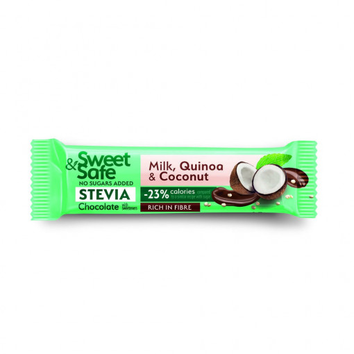 Ciocolata cu lapte, Quinoa si Cocos cu Stevia 25g - Sweet&Safe