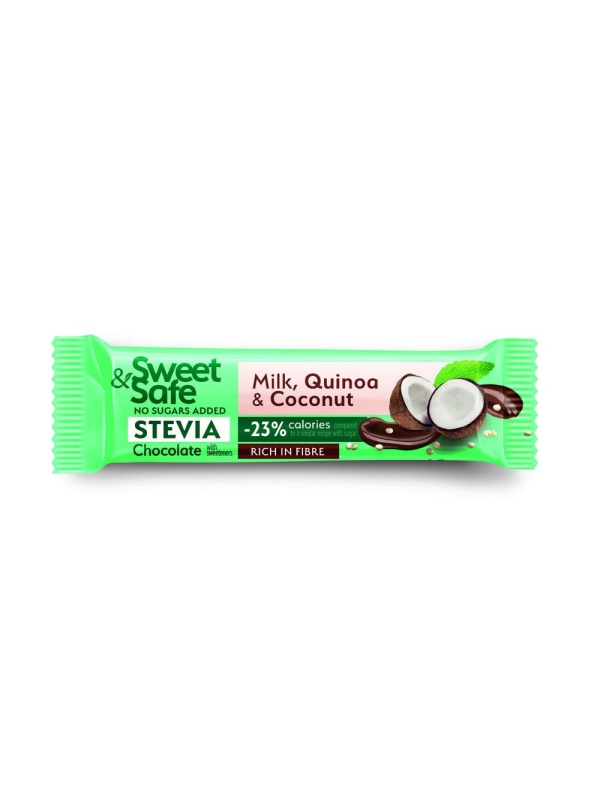 Ciocolata cu lapte, Quinoa si Cocos cu Stevia (fara zahar) 25g - Sweet&Safe