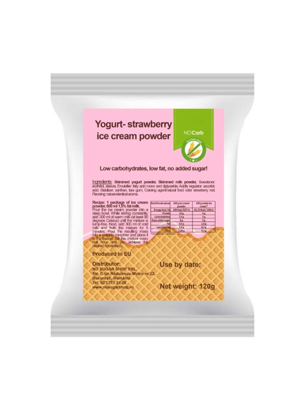 Praf de inghetata cu iaurt si capsuni cu Stevia (fara zahar, low-carb) 120g - No Carb