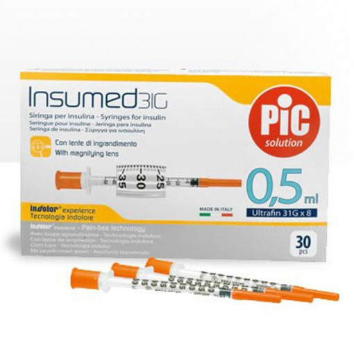 Seringi sterile, cu lupa 1 unitate insulina, G31x8mm, 30 buc - INSUMED
