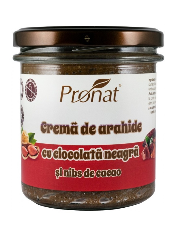 Crema de arahide cu ciocolata neagra si nibs de cacao(fara zahar, fara gluten, fara lactoza) 300g Pronat