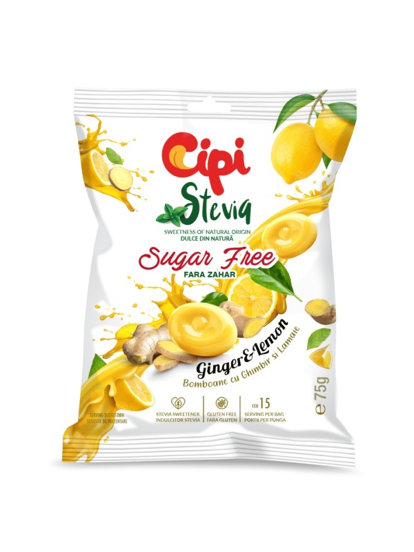 Bomboane cu ghimbir si lamaie cu Stevia (fara zahar) 75g - Cipi