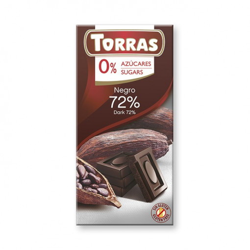 Ciocolata cu 72% cacao (fara zahar, fara gluten) 75g - Torras