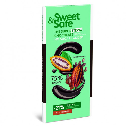Ciocolata neagra 75% cacao cu Stevia 90g - Sweet&Safe