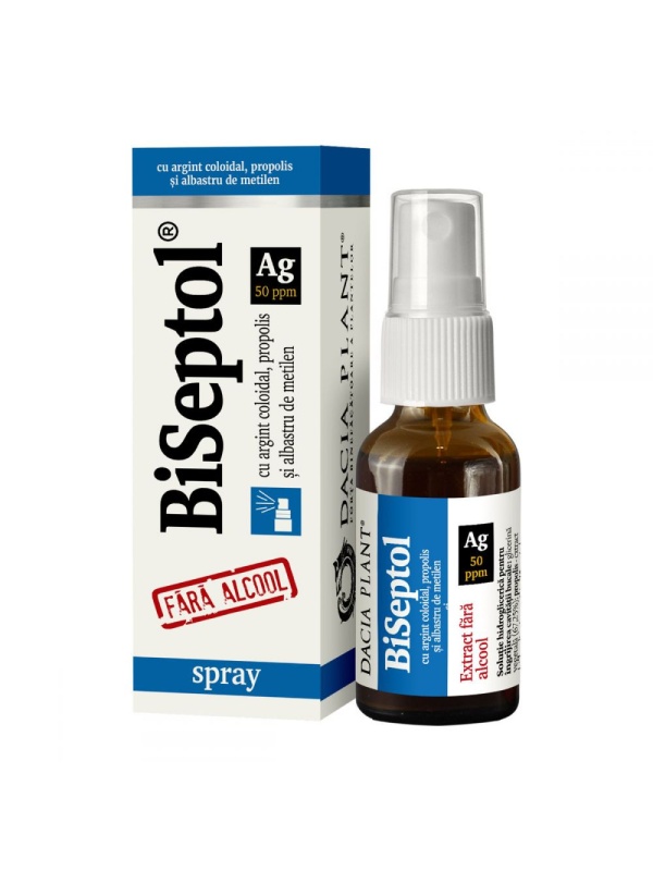 BiSeptol spray cu propolis, albastru de metilen si argint coloidal, fara alcool 20ml DACIA PLANT