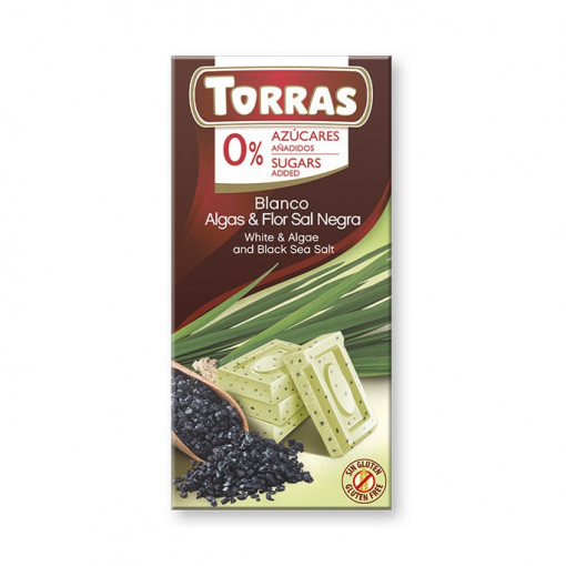 Ciocolata alba cu alge si sare de mare neagra (fara zahar, fara gluten) 75g - Torras