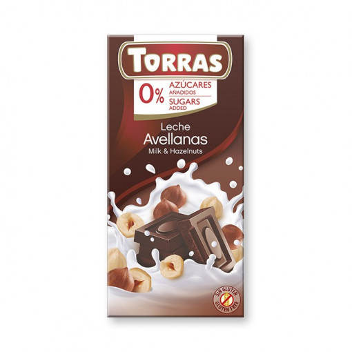 Ciocolata cu lapte si alune (fara zahar, fara gluten) 75g - Torras