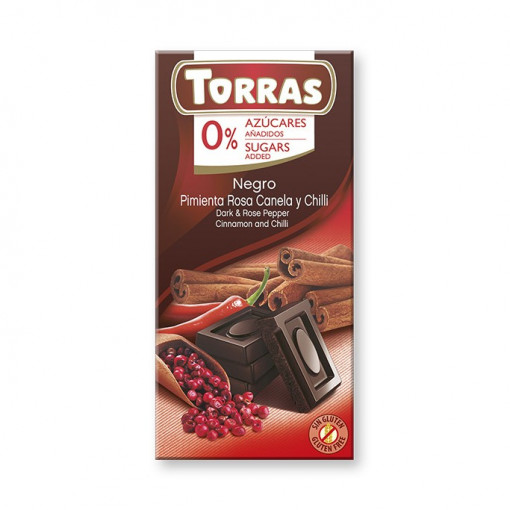 Ciocolata neagra cu piper roz, scortisoara si chili (fara zahar, fara gluten) 75g - Torras