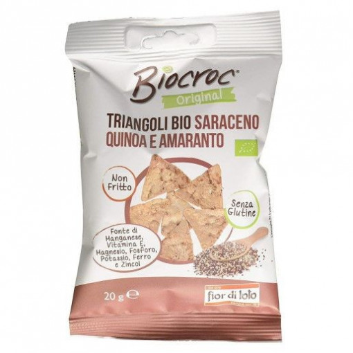 Snack bio Biocroc triunghiular din hrisca, quinoa si amarant, fara gluten, neprajit 20g - Fior di Loto