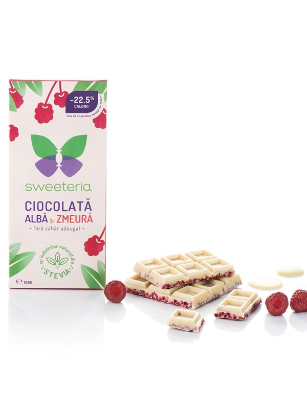 Ciocolata alba cu zmeura si Stevia 100g - Sweeteria