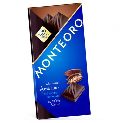 Ciocolata neagra 60% cacao (fara zahar) 90g - Monteoro