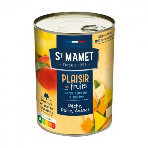 Compot Mix Piersici, pere, ananas (fara zahar) 412g - ST MAMET