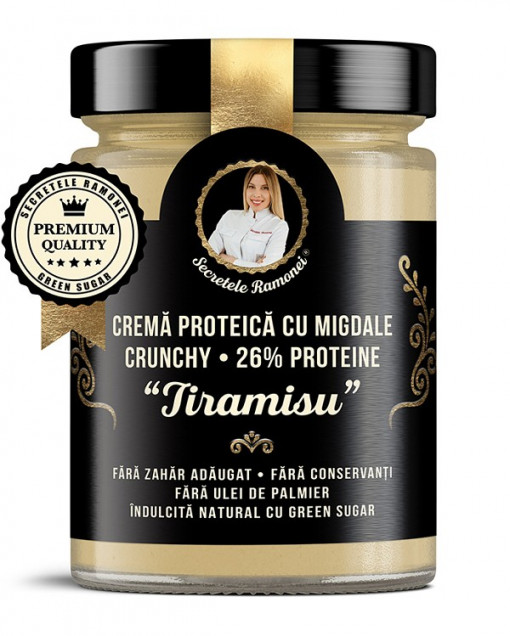 Crema proteica cu migdale crunchy, 26% proteine, " Tiramisu", fara zahar 350g - Secretele Ramonei
