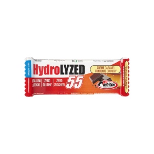 Baton proteic hidrolizat cu Ciocolata Neagra Crocanta si aroma Creme CARAMEL (fara zahar, fara gluten, fara ulei de palmier) 55g - Pro Nutrition