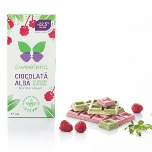 Ciocolata alba cu matcha, zmeura si Stevia 100g - Sweeteria
