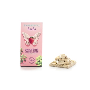Ciocolata alba cu busuioc si capsuni cu Stevia (fara zahar) 100g - Sweeteria herbs - Img 1