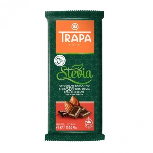Ciocolată neagră 50% cacao, cu îndulcitori, fără zahăr adăugat (cu Stevia), fără gluten 75g - Trapa - Img 1
