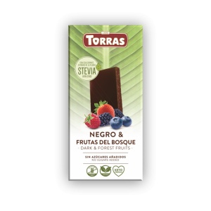 Ciocolata neagra 60% cu fructe de padure cu STEVIA (fara zahar, fara gluten, keto, vegan)125g - Torras - Img 1