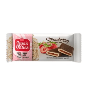 Baton ECO de Ovaz si Ciocolata, cu umplutura de Capsuni (fara zahar, fara gluten, vegan) 82g - Leya's Oaties
