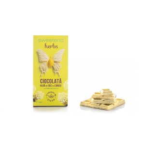 Ciocolata alba cu soc si lamaie cu Stevia (fara zahar) 100g - Sweeteria herbs - Img 1