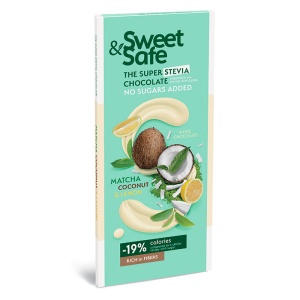 Ciocolata alba cu Matcha, Cocos si Lamaie, cu Stevia 90g - Sweet&Safe