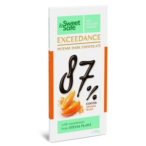 Ciocolata neagra intensa 87% cu portocala si Stevia (fara zahar) 90g - Sweet&Safe Exceedance