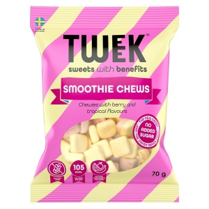 Jeleuri spumoase SMOOTHIE CHEWS cu aroma de FRUCTE DE PADURE si FRUCTE TROPICALE cu Stevia, (fara zahar, fara gluten) 70g - TWEEK