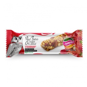 Baton cu CAPSUNI si ZMEURA (fara zahar, fara indulcitor, fara lactoza, vegan) 28g - Jannis - Img 1