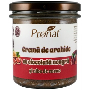 Crema de arahide cu ciocolata neagra si nibs de cacao(fara zahar, fara gluten, fara lactoza) 300g Pronat