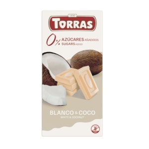 Ciocolata alba cu cocos (fara zahar, fara gluten) 75g - Torras