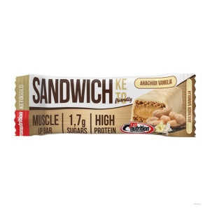Baton KETO sandwich cu umplutura de ARAHIDE si aroma de Vanilie, glazurat cu Ciocolata Alba (fara zahar, proteic) 57g - Pro Nutrition