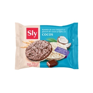 Rondele din OREZ cu COCOS si glazura de cacao si lapte (fara zahar adaugat) 32g - Sly