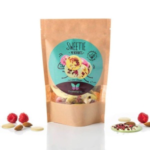 Sweetie mendiants COLOR din ciocolata cu Stevia, migdale si fructe liofilizate (fara zahar) 100g - Sweeteria - Img 1