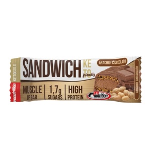 Baton KETO sandwich cu umplutura de Arahide si Cacao, cu glazura de Ciocolata cu Lapte (fara zahar, proteic) 57g - Pro Nutrition