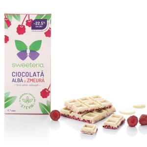 Ciocolata alba cu zmeura si Stevia 100g - Sweeteria