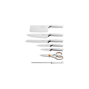 Set cutite 8 piese manere albe si suport acrilic