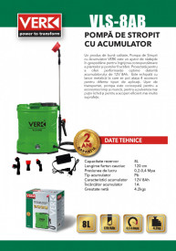 Pompa stropit 8L cu acumulator 12V, 8Ah, VERK VLS-8AB