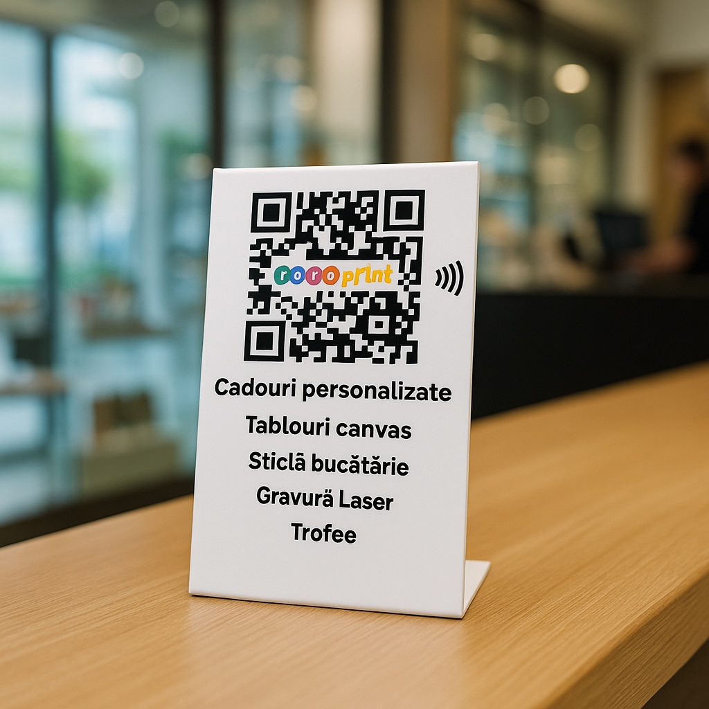 Plăcuță acrilică 12x20 cm cu cod QR personalizat și opțional NFC