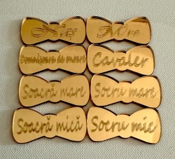Set 8 Cocarde papion Personalizate Oglinda Auriu/Argintiu, Insigne Nunta, Papion